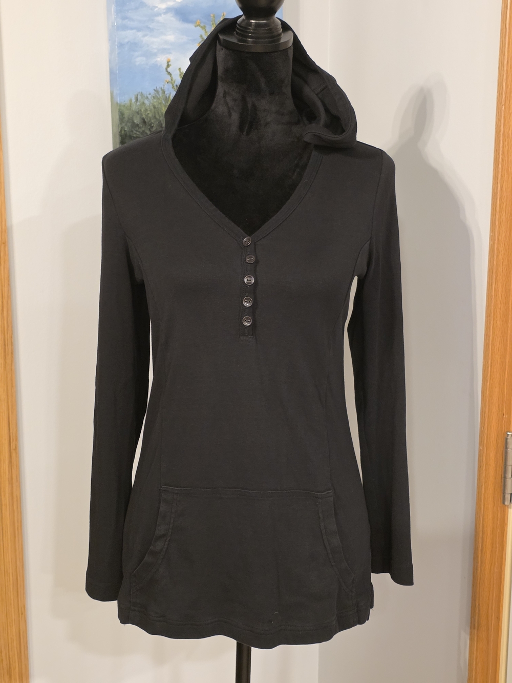 Royal Robbins, Black Long-Sleeve Hooded Top, Two-Button Placket - Small